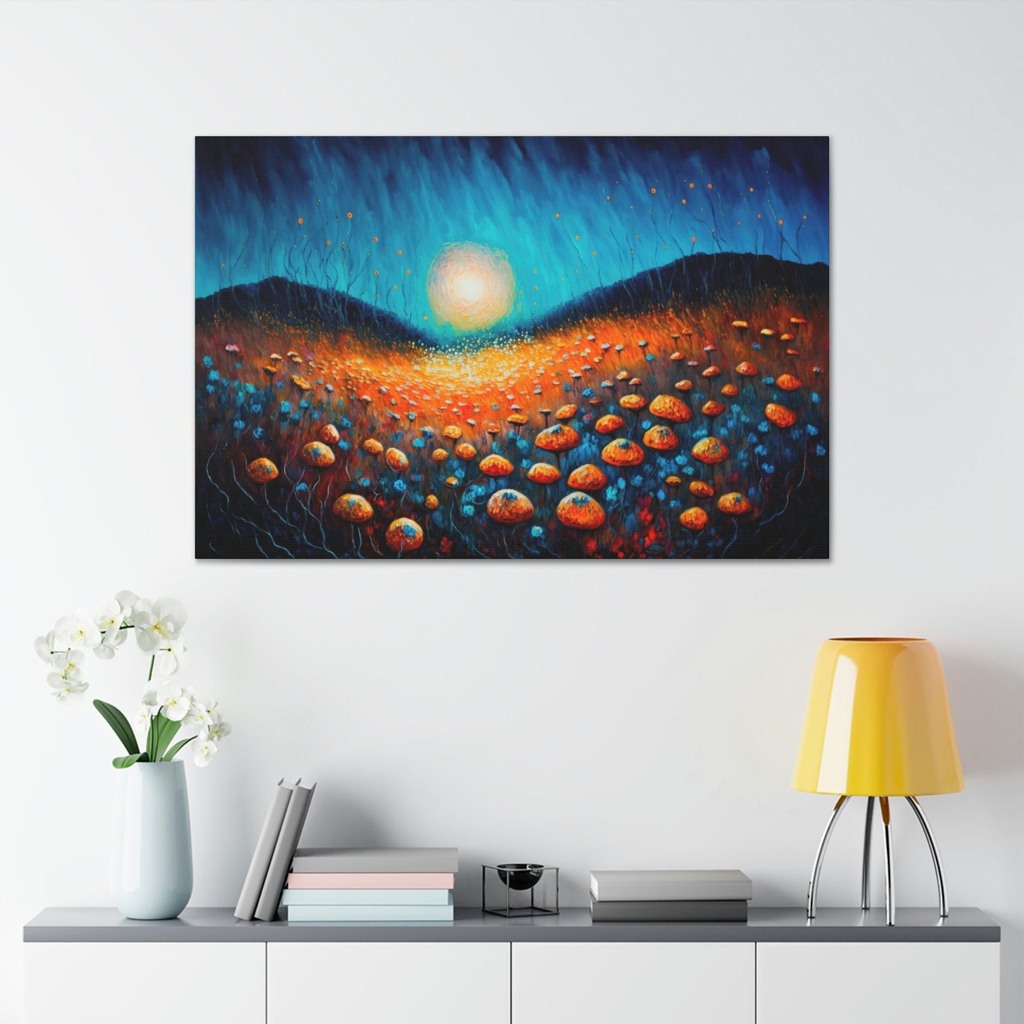 Fantasy Mushroom World Canvas Art Ready To Hang Large Print, Oil Painting, Colorful, Moon,