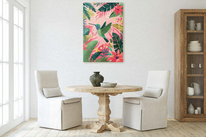 Hummingbird Illustration, Framed Canvas, Tropical Art, Maximalist Jungle, Botanical Print, Bold Eclectic, Pink Art