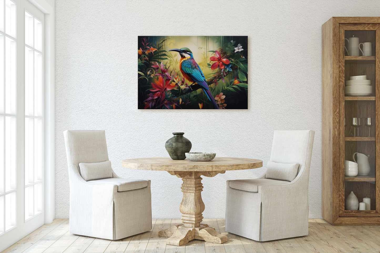 Jungle Bird Painting, Jungle Art, Green Jungle, Framed Canvas, Large Print, Beautiful Bird, Flower Jungle, Tropical Forest, Rainforest Art