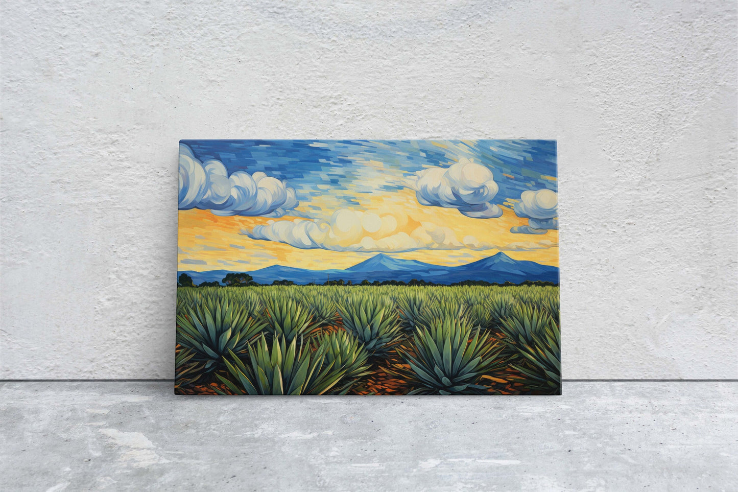Agave Field on Canvas, Blue Mountains, Sunrise Sunset, Retro Vintage, Mid Century Modern