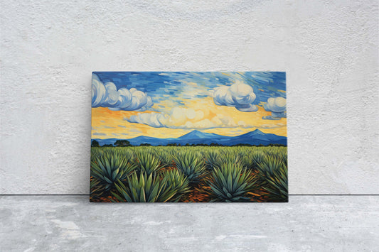 Agave Field on Canvas, Blue Mountains, Sunrise Sunset, Retro Vintage, Mid Century Modern