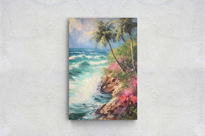 Stormy Beach on Canvas, Cliffside Waves, Flower Beach, Palm Trees, Tropical Vacation, Framed Canvas, Nature Decor, Portrait Canvas