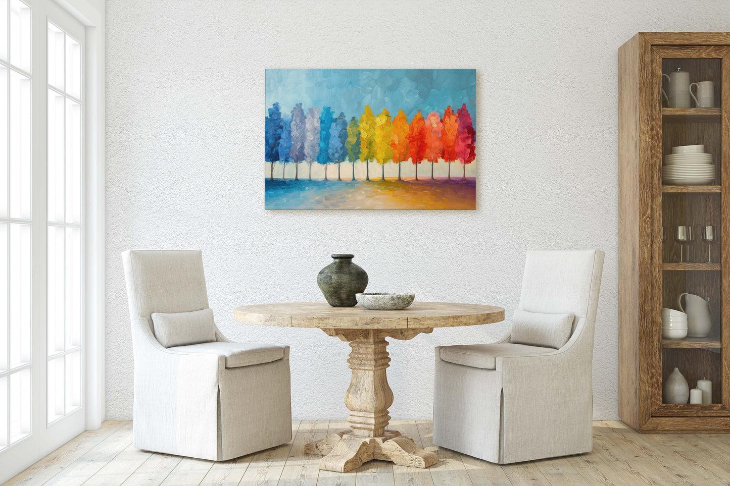 Pastel Trees, Seasons Painting, Rainbow Tree, Spring Summer, Fall Winter, Blue Tones, Colorful Vivid, Framed Canvas, Large Art Print