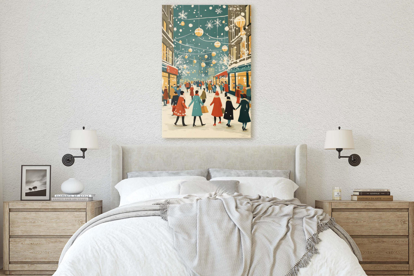 Vintage Christmas Canvas, Christmas Shopping, Christmas Village, Winter Scene