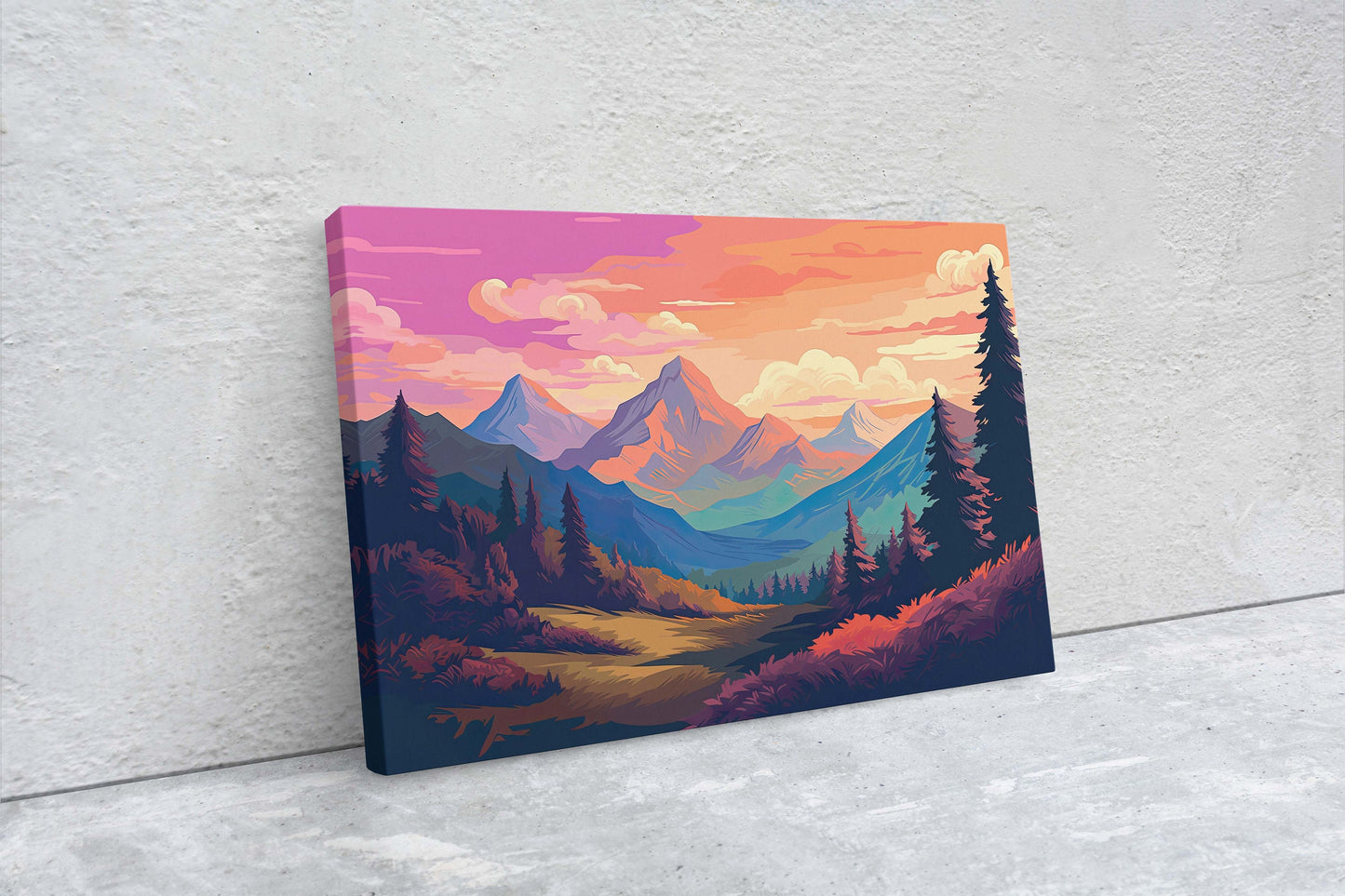 Mountain Sunset on Canvas, Vivid Color, Forestpunk, Bold Color, Illustration animation, cyberpunk landscape, Large Print
