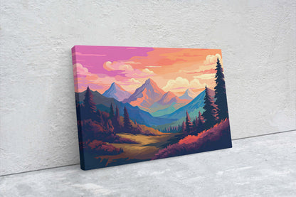 Mountain Sunset on Canvas, Vivid Color, Forestpunk, Bold Color, Illustration animation, cyberpunk landscape, Large Print