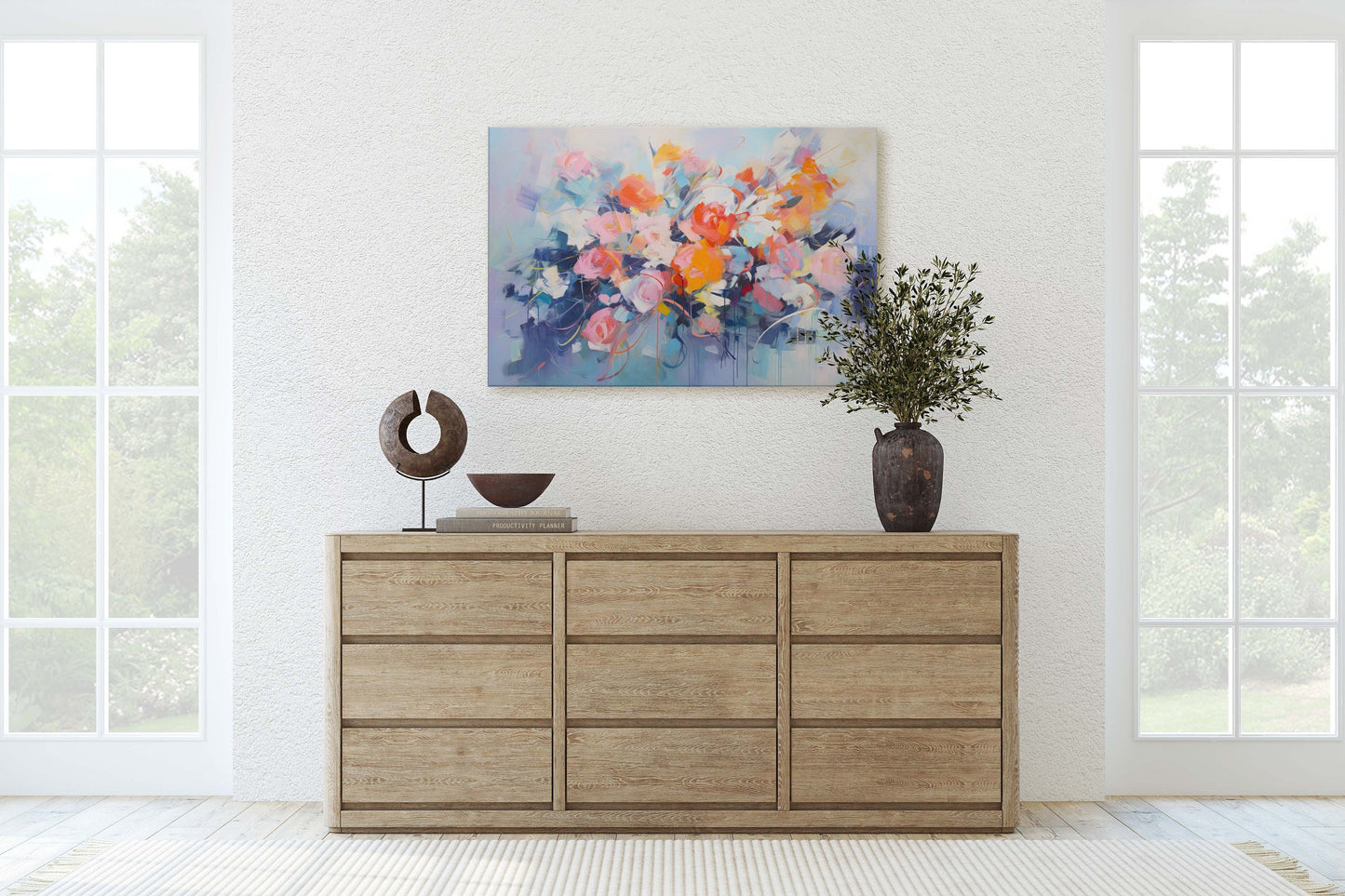 Abstract Floral Print, Flowers in Rain, Blue Canvas, Fine Art, Modern Artwork, Contemporary Print, Framed Canvas
