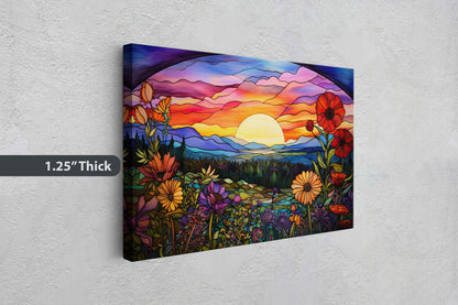 Sunset Painting, Faux Stained Glass, Colorful Vibrant, Sunrise Art, Flower Field. Mountain Decor, Framed Canvas