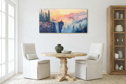 Cliff Waterfall, Watercolor Cliff, Mountain Painting, Scenic Art