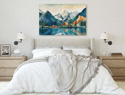 Lakeside Mountains on Canvas, Lake View mountains, Abstract Landscape, Modern Landscape, Neutral Tones, Subtle color, Watercolor Print