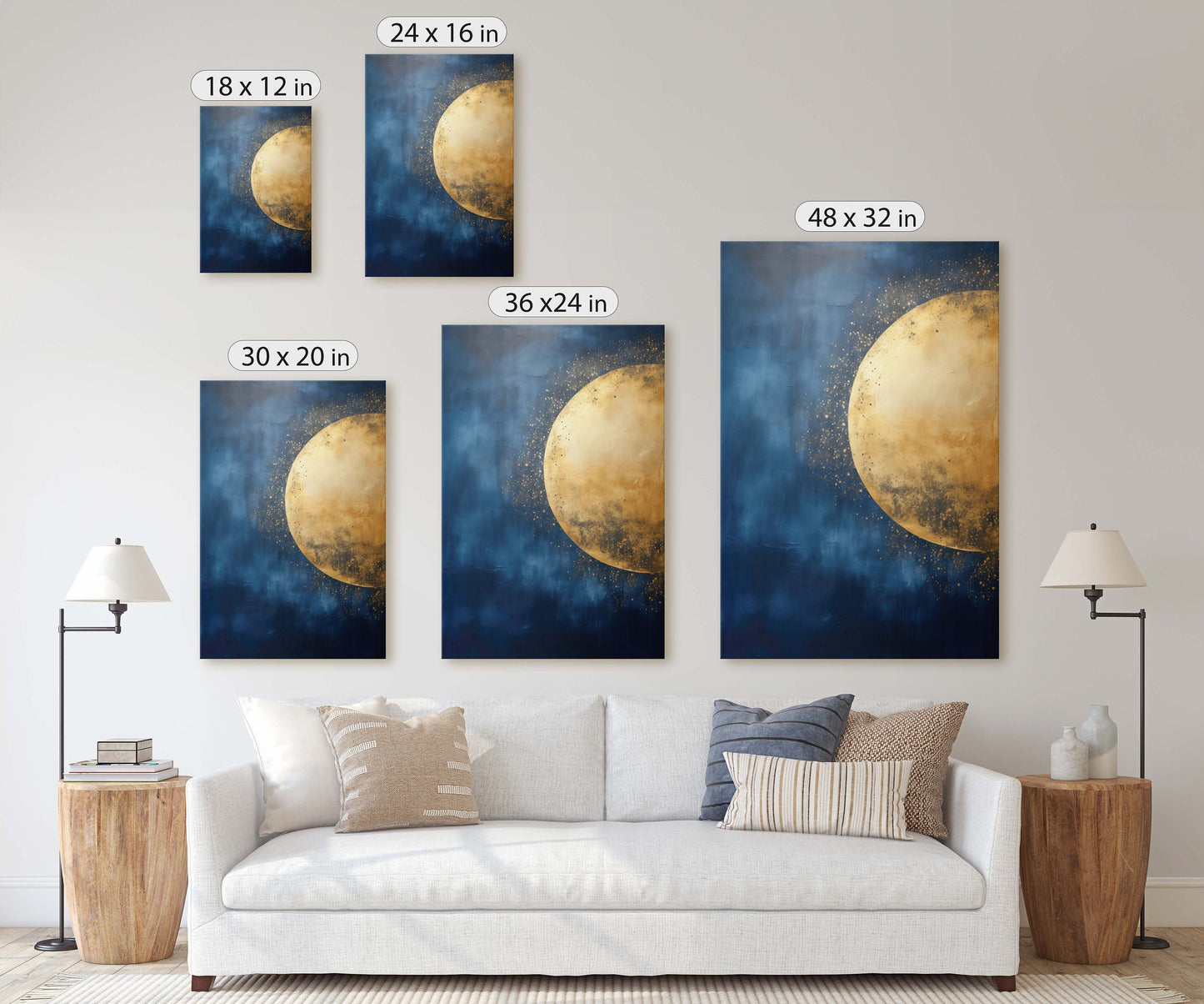 Gold Moon on Indigo, Moon Painting, Minimalist Art, Circle Indigo, Maximalist Art, Contemporary Decor, Celestial Art, Space Decor, Night Sky