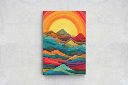 Sunshine Mountain on Canvas, Sunset Decor, Flat Art, Vibrant Color, Bold Art, Vertical, Abstract, Mid Century Modern, Scandinavian Print
