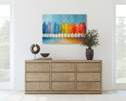 Pastel Trees, Seasons Painting, Rainbow Tree, Spring Summer, Fall Winter, Blue Tones, Colorful Vivid, Framed Canvas, Large Art Print