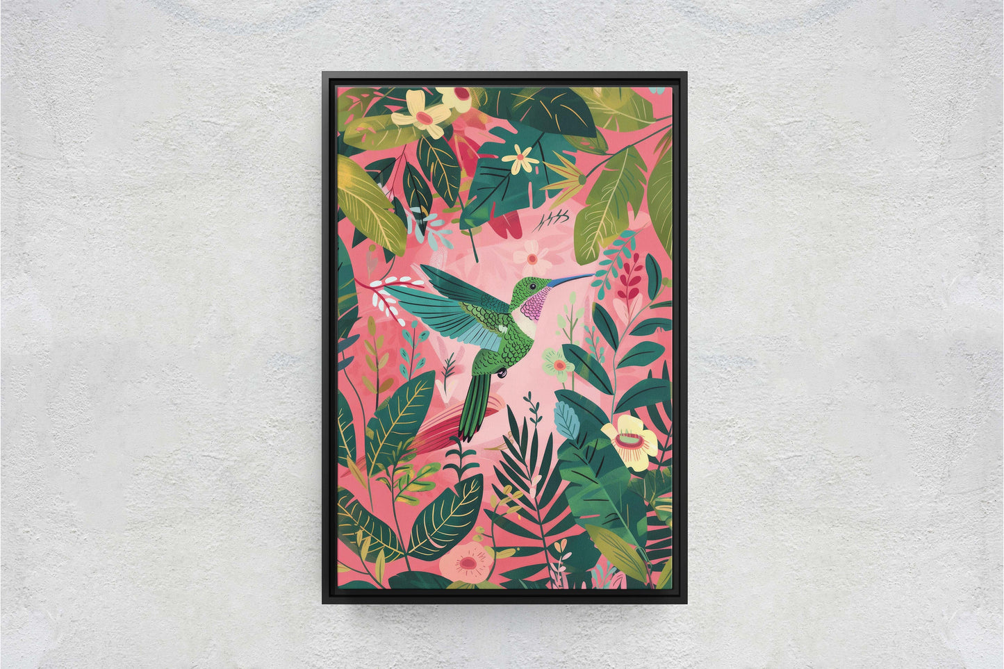 Hummingbird Pink, Framed Canvas, Tropical Art, Maximalist Jungle, Botanical Print, Bold Eclectic, Pink Art