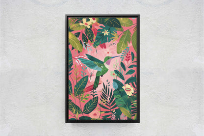 Hummingbird Pink, Framed Canvas, Tropical Art, Maximalist Jungle, Botanical Print, Bold Eclectic, Pink Art