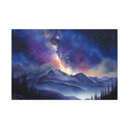 Night Sky Over Mountain Range Painting Stretched Canvas Art