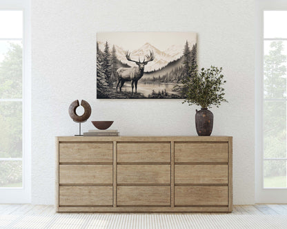 Black and White Elk,  Elk Painting, Cabin Decor, Mountain Home Art, Framed Canvas, Moose Painting, Neutral Color, Mountain Range, Nature Art
