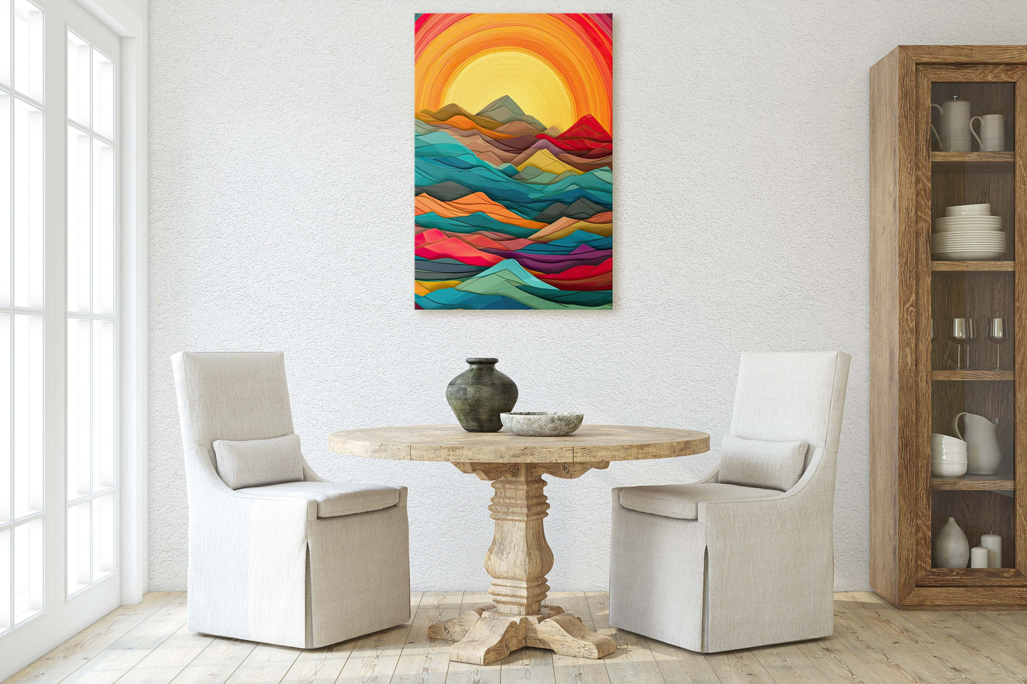 Sunshine Mountain on Canvas, Sunset Decor, Flat Art, Vibrant Color, Bold Art, Vertical, Abstract, Mid Century Modern, Scandinavian Print