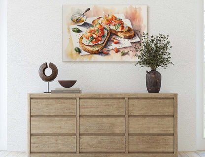 Bruschetta Bread, Tapas, Appetizers, Kitchen Art, Dining Room, ,Ready To Hang, Large Print, Watercolor Painting, Restaurant Decor, Food Art