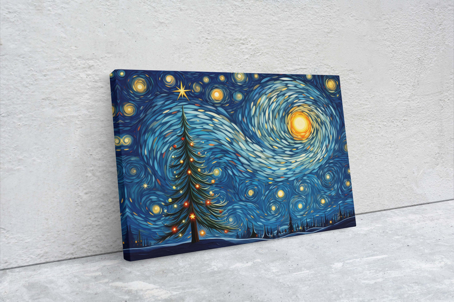 Starry Night Christmas, Christmas Tree, Pine Tree, Winter Decor, Festive Art, X-mas Print, Framed Canvas