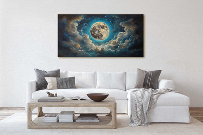 Full Moon Vintage ,Cloudy Moon Sky, Moon Painting, Moon and Stars