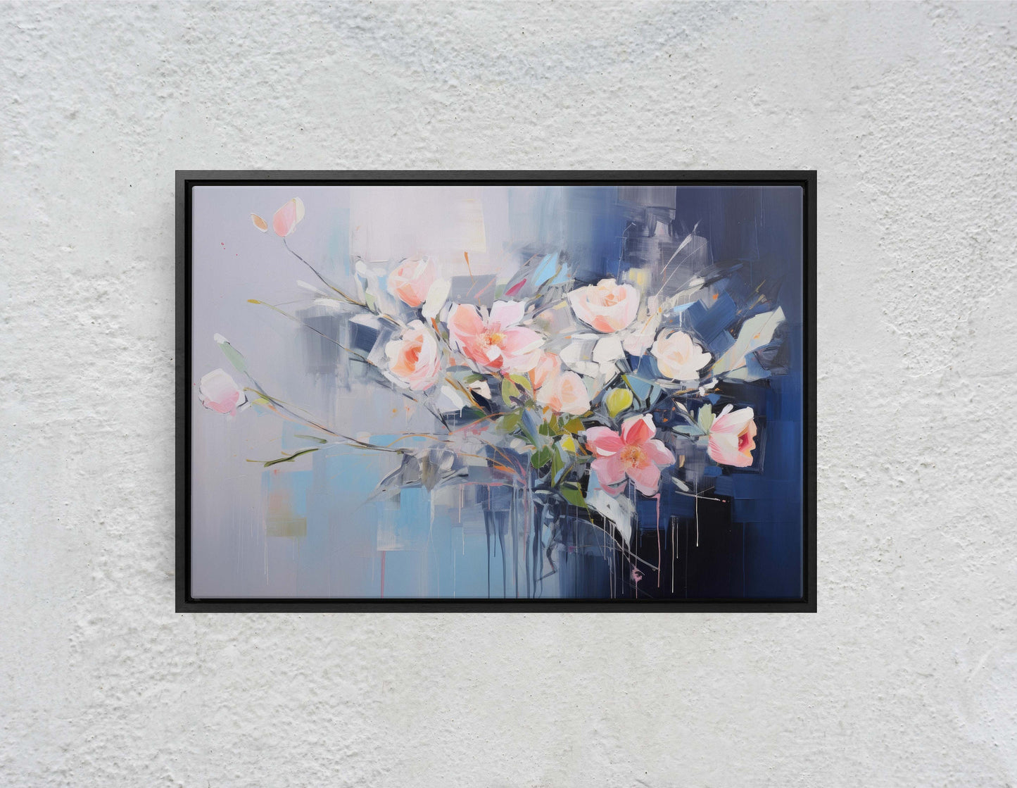 Abstract Floral Print, Flowers in Rain, Blue Canvas, Fine Art, Modern Artwork, Contemporary Print, Framed Canvas