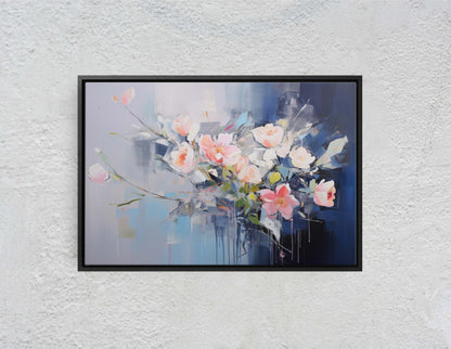 Abstract Floral Print, Flowers in Rain, Blue Canvas, Fine Art, Modern Artwork, Contemporary Print, Framed Canvas