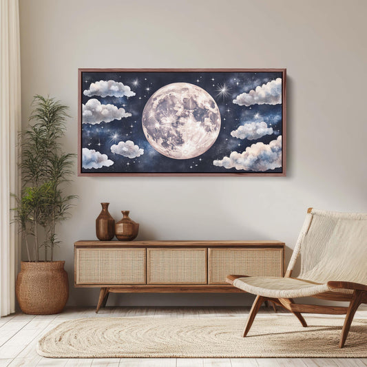 Cloudy Moon Sky, Moon Painting, Moon and Stars