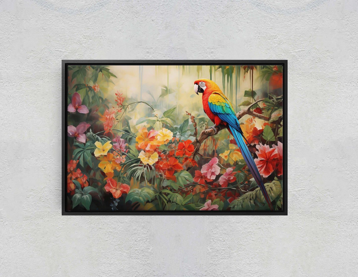 Jungle Bird Painting, Jungle Art, Green Jungle, Framed Canvas, Large Print, Beautiful Bird, Flower Jungle, Tropical Forest, Rainforest Art
