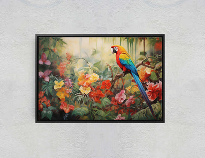 Jungle Bird Painting, Jungle Art, Green Jungle, Framed Canvas, Large Print, Beautiful Bird, Flower Jungle, Tropical Forest, Rainforest Art