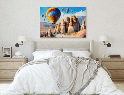 Cappadocia Turkey, Hot Air Balloons,Canvas Art Large Print,Painting, Landscape, Rock Spire, Cliff Art, Bright, Vivid, Colorful