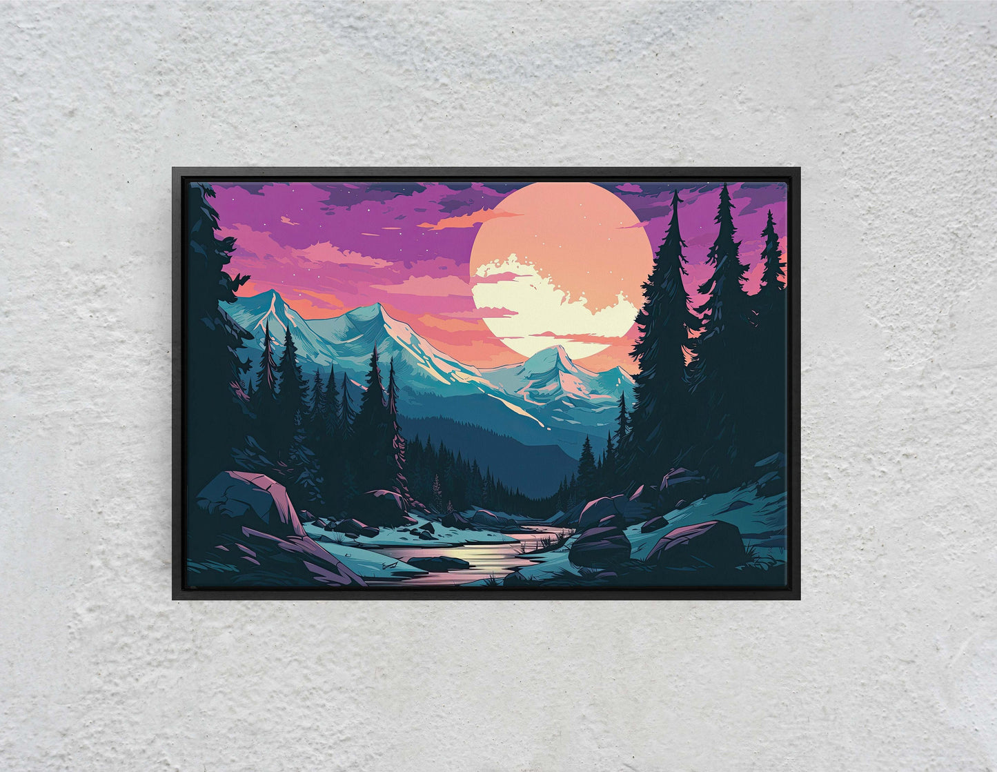 Mountain and Moon on Canvas, Nightfall Mountains, Midnight Landscape, Vibrant Color, Bold Design, Colorado Mountain, Illustration Outdoors