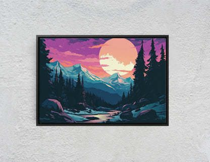 Mountain and Moon on Canvas, Nightfall Mountains, Midnight Landscape, Vibrant Color, Bold Design, Colorado Mountain, Illustration Outdoors