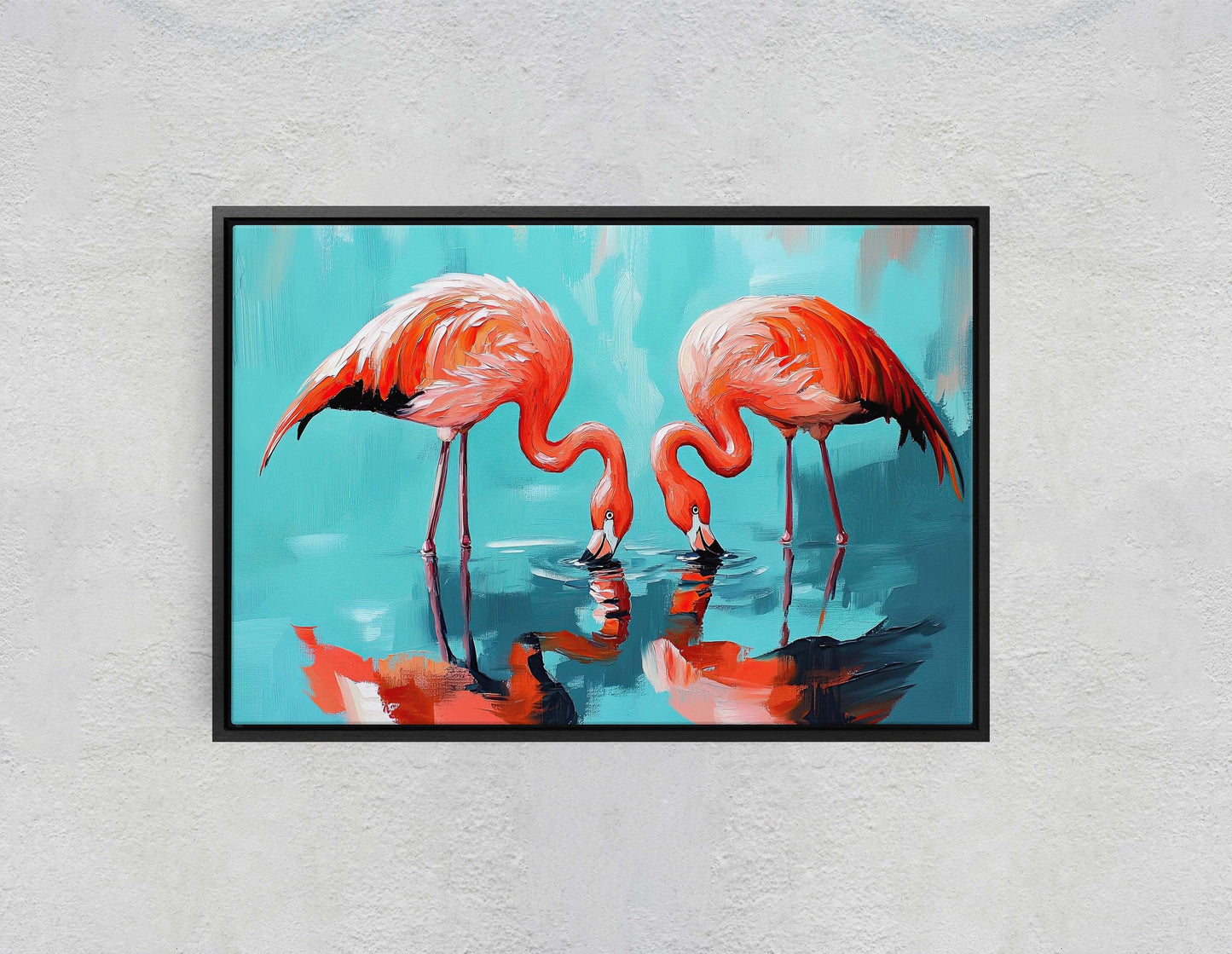 Flamingo Painting, Bird Art, Flamingos Drinking