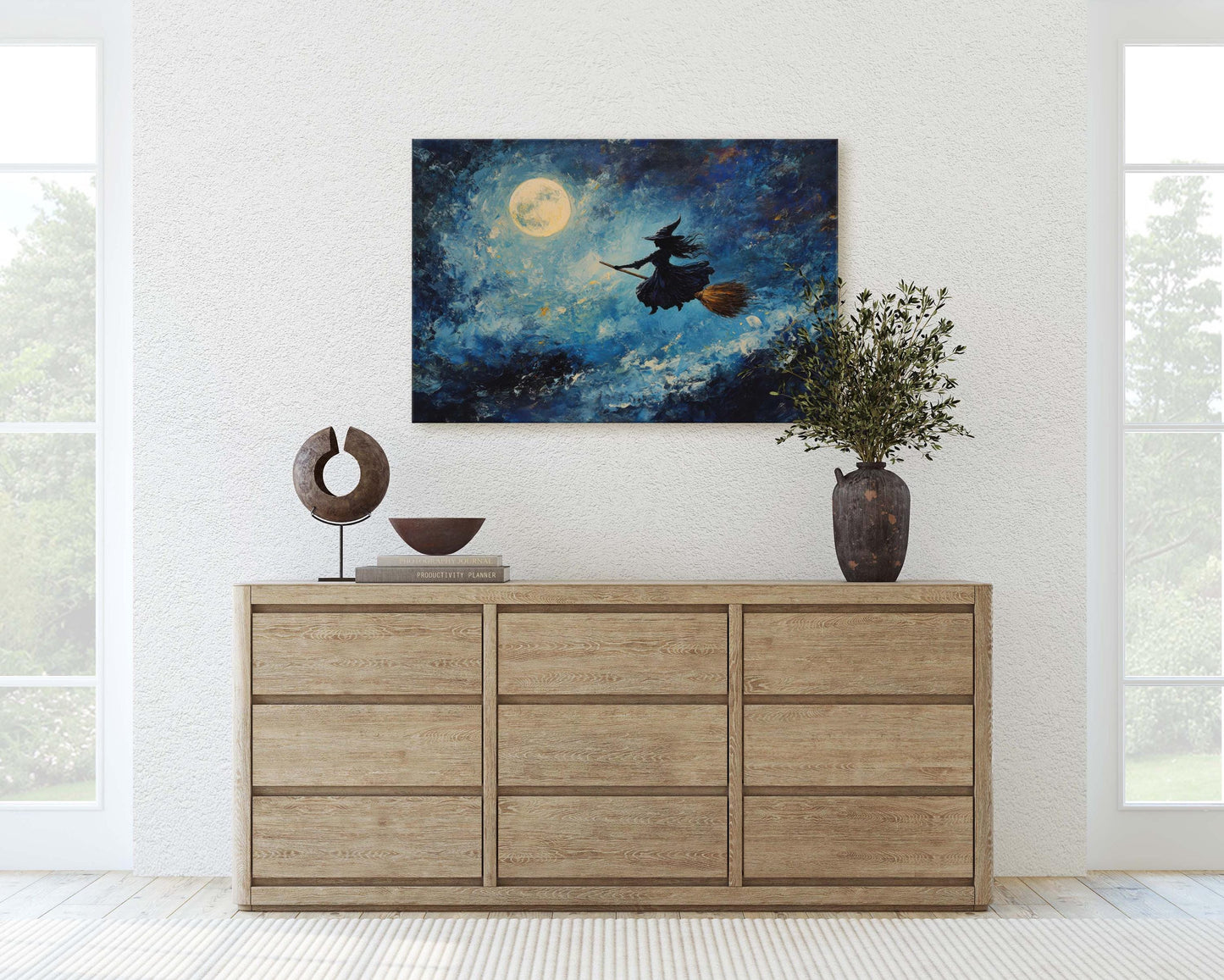 Flying Witch, Witch on Broomstick, Whimsical Decor, Full Moon,Halloween Art, Star Sky, Cloudy