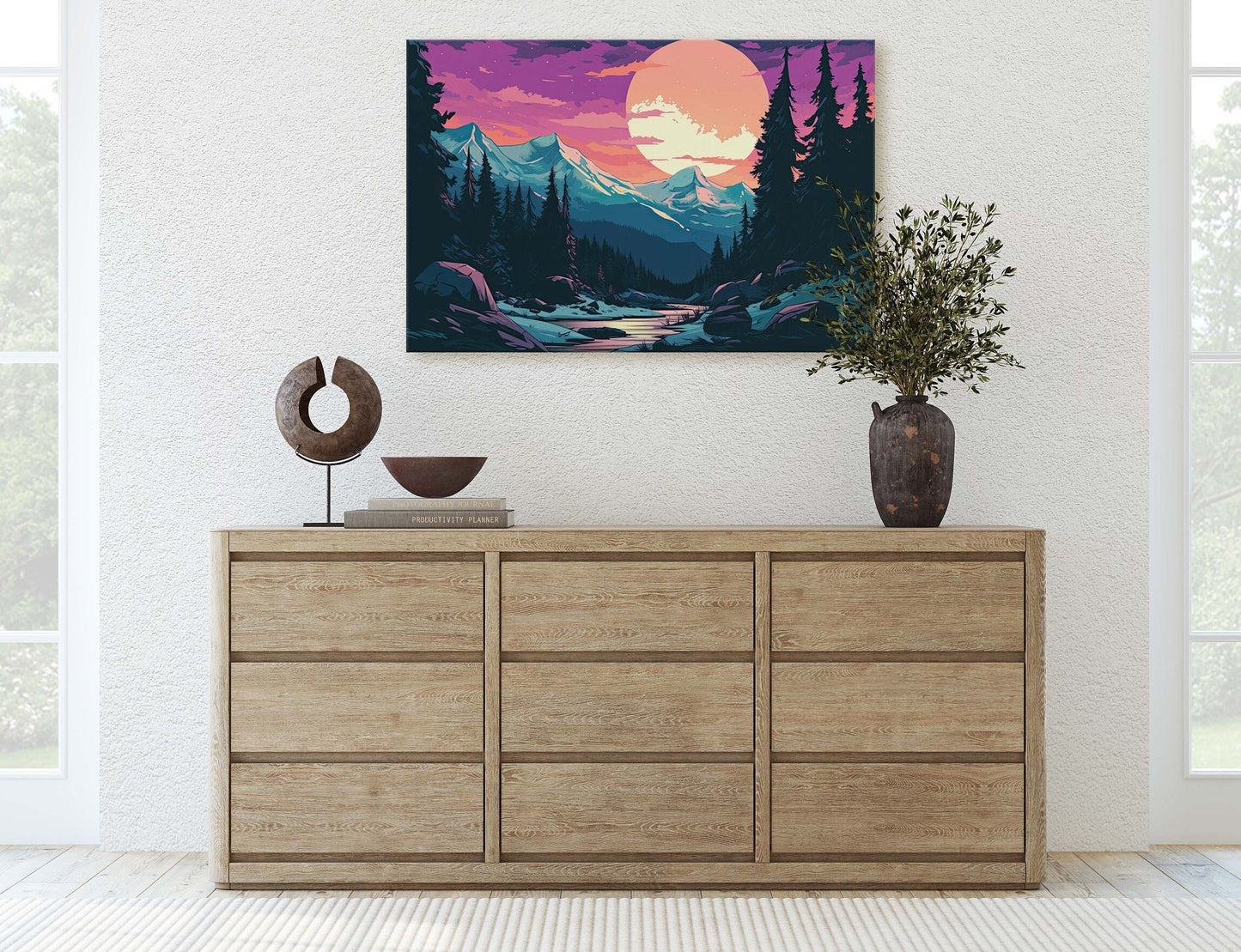 Mountain and Moon on Canvas, Nightfall Mountains, Midnight Landscape, Vibrant Color, Bold Design, Colorado Mountain, Illustration Outdoors