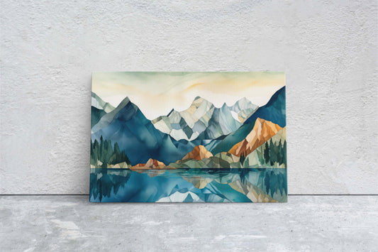 Lakeside Mountains on Canvas, Lake View mountains, Abstract Landscape, Modern Landscape, Neutral Tones, Subtle color, Watercolor Print