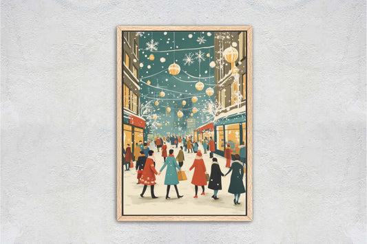 Vintage Christmas Canvas, Christmas Shopping, Christmas Village, Winter Scene