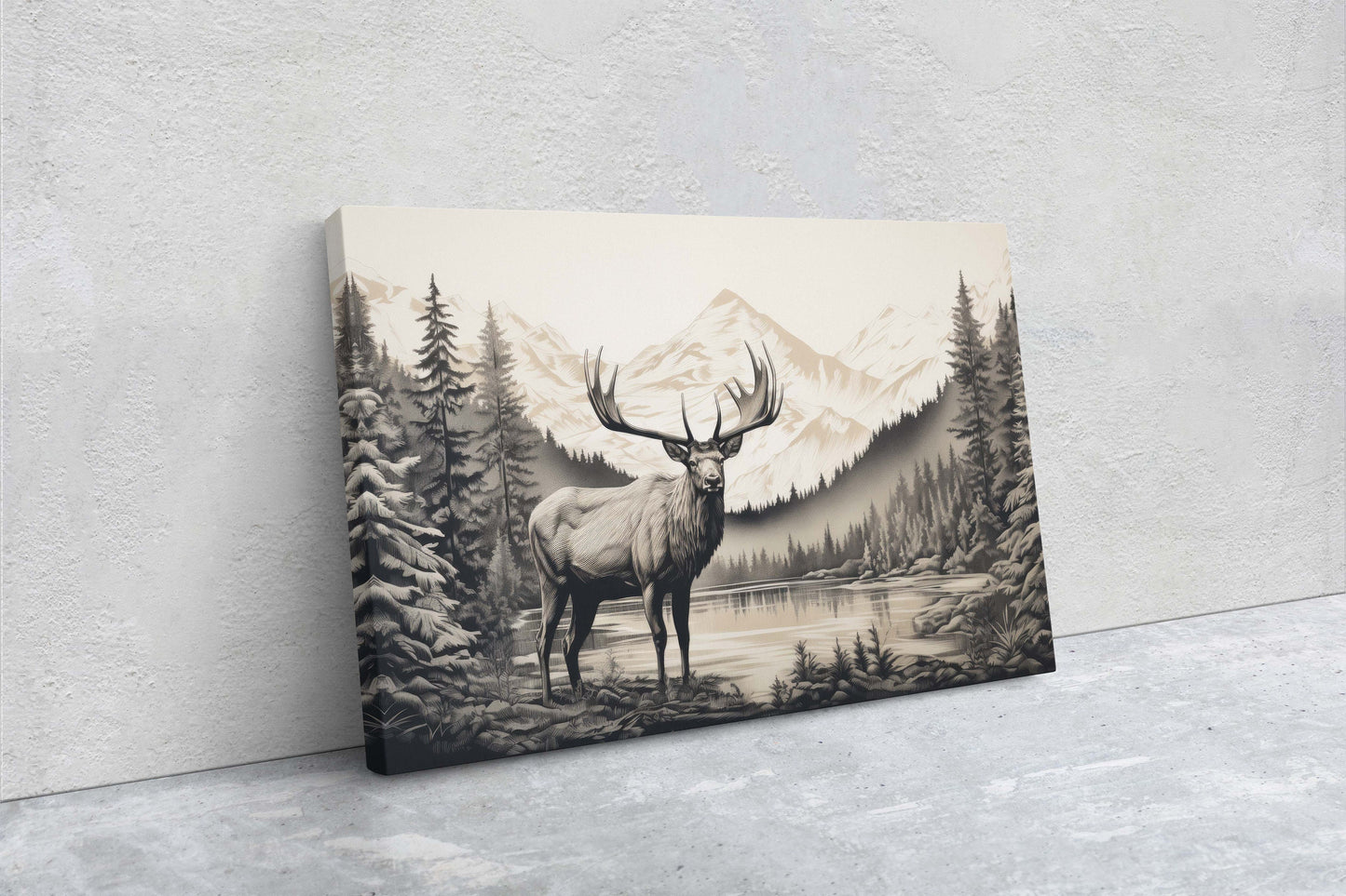 Black and White Elk,  Elk Painting, Cabin Decor, Mountain Home Art, Framed Canvas, Moose Painting, Neutral Color, Mountain Range, Nature Art