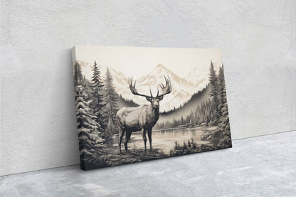 Black and White Elk,  Elk Painting, Cabin Decor, Mountain Home Art, Framed Canvas, Moose Painting, Neutral Color, Mountain Range, Nature Art