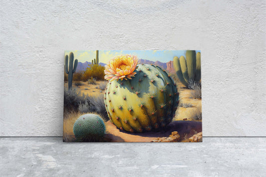 Barrel Cactus, Blooming Flower, Desert Landscape, Southwest art, Canvas Art Ready To Hang Large Print, Painting, Landscape