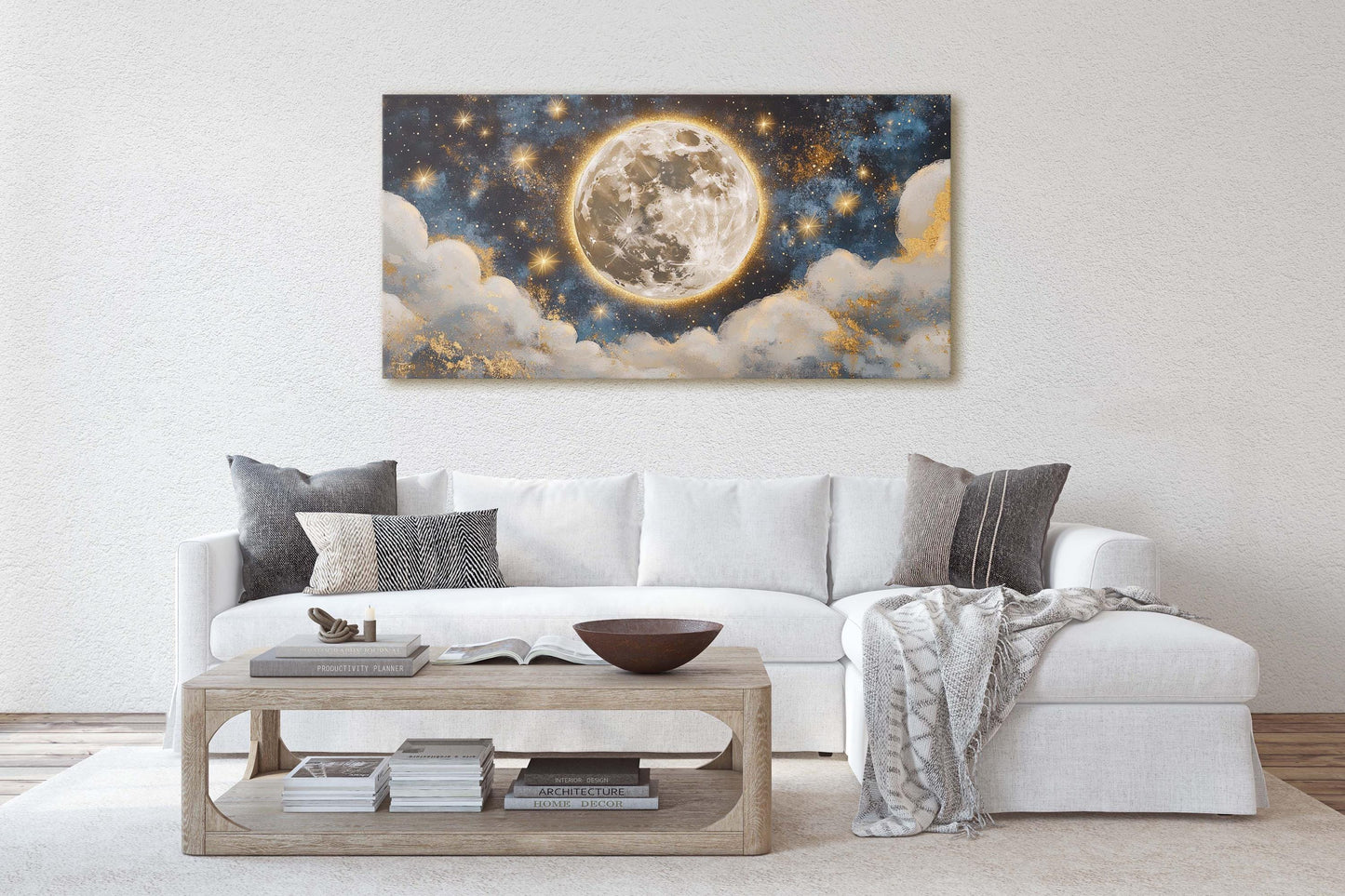 Full Moon Vintage ,Cloudy Moon Sky, Moon Painting, Moon and Stars