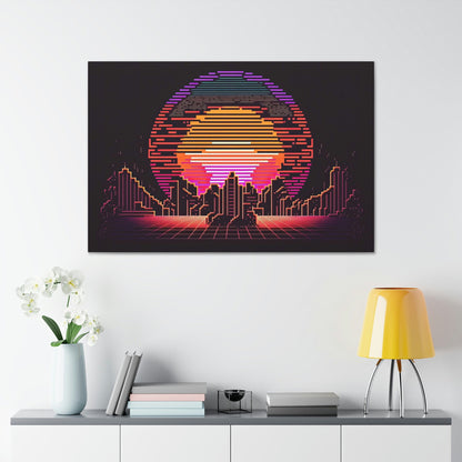 Pixel Art Sunset City Canvas Art Ready To Hang Large Print, Man Cave, Video Game, Retro, Synthwave