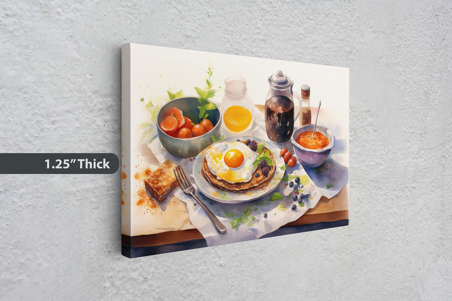 Breakfast Watercolor, Breakfast Painting, Food Art, Kitchen Art, Eggs Pancakes, Coffee, Framed Canvas, Colorful Food Art, Colorful Kitchen