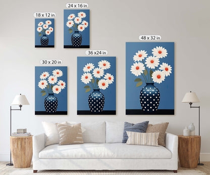 Flower Vase Painting, Contemporary Blue, White Floral Art, Framed Canvas, Large Art Print, Vertical Portrait, Indigo and White, Modern