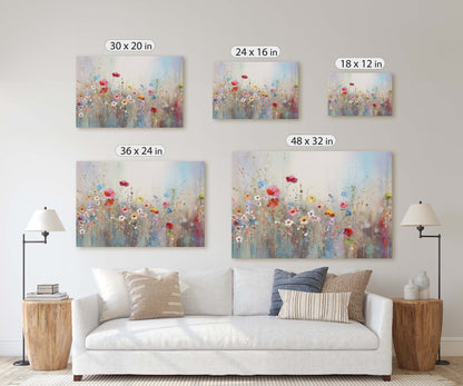 Wildflowers on Canvas, Flowers in Rain. Abstract Wall Art, Framed Canvas, Watercolor flowers,  Floral Print, Classic, Rustic Farmhouse