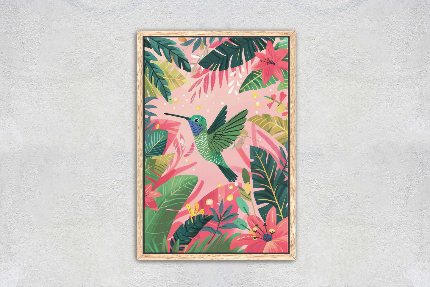Hummingbird Illustration, Framed Canvas, Tropical Art, Maximalist Jungle, Botanical Print, Bold Eclectic, Pink Art