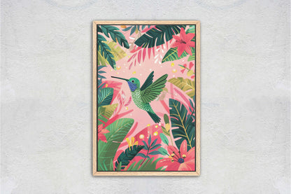 Hummingbird Illustration, Framed Canvas, Tropical Art, Maximalist Jungle, Botanical Print, Bold Eclectic, Pink Art