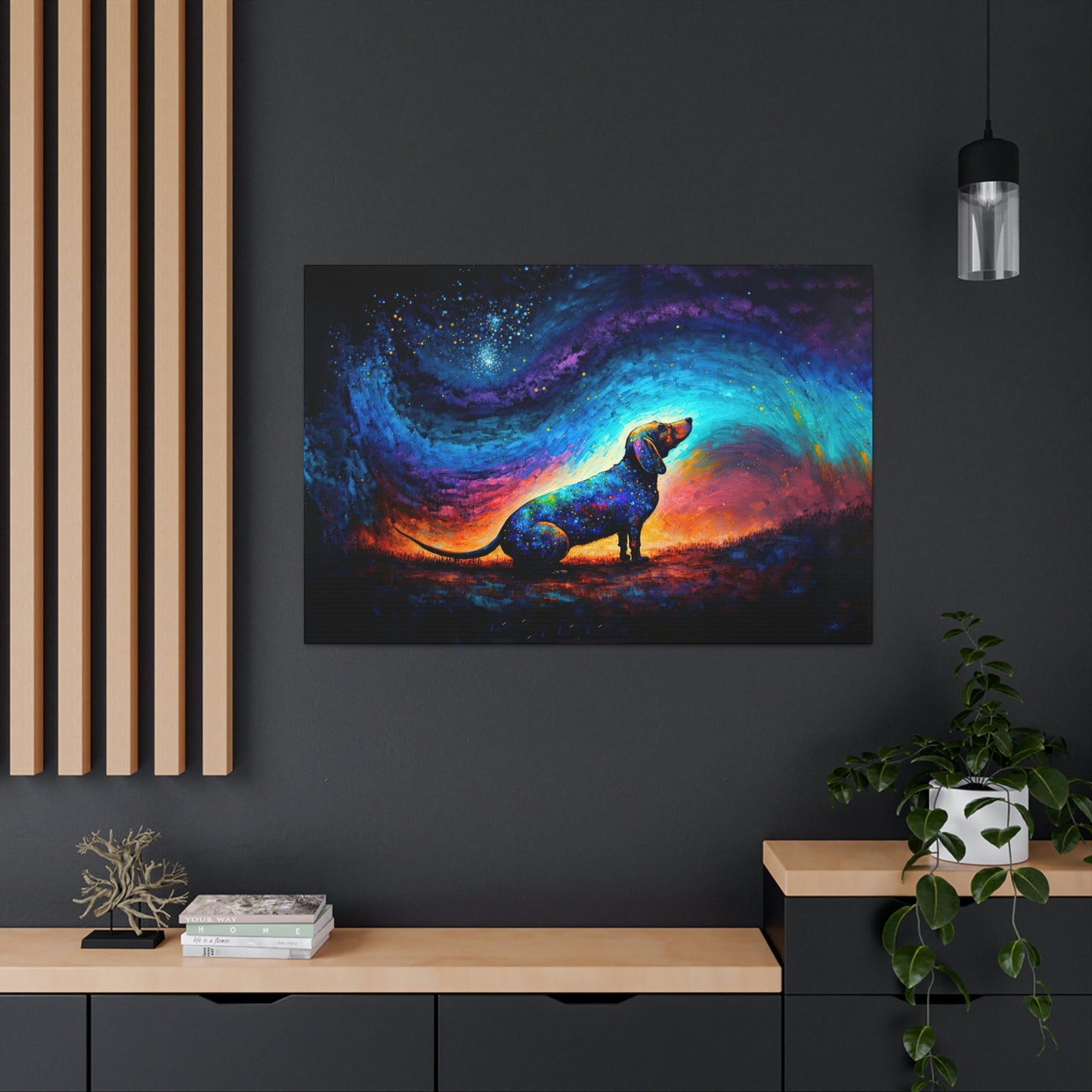 Star Gazing Dachshund Canvas Art Ready To Hang Large Print, Oil Painting, Colorful, Dog, Space, Galaxy