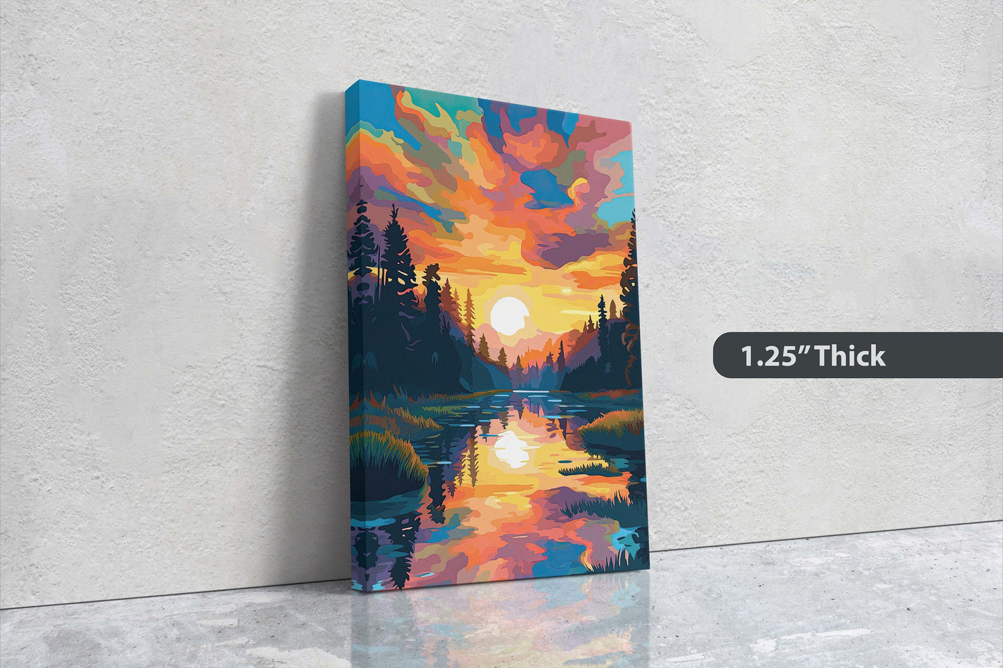 Lake at Sunset, Fauvist Color, Calm Water, Chromatic, Impressionist Art, Landscape Decor, Nature Painting, Ready to Hang, Canvas Print